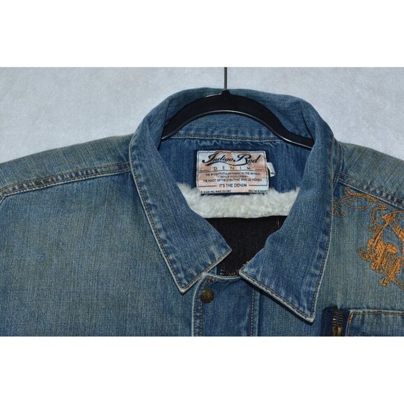 Indigo Red Denim Men's Vest Size 3XL Blue Sherpa Lined Embroidered Cotton Peace - Picture 2 of 16